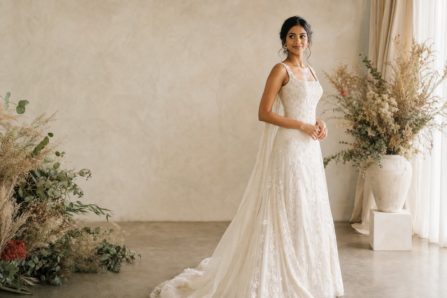 Bride wearing an embroidered ivory gown in the She Bridal atelier